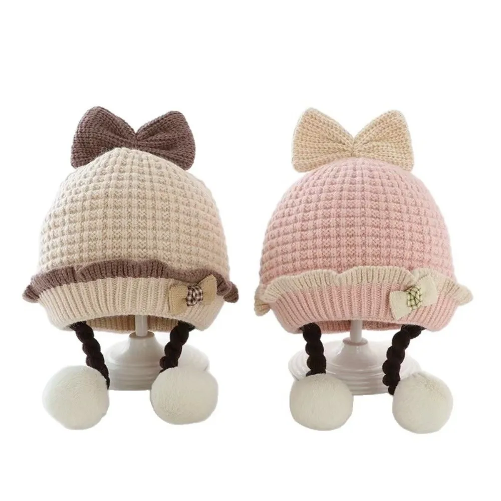 Sweet Bow Decor Knit Hat Soft Warm Wig Braid Beanie Hat Crochet Style Cozy Fabric Crochet Hat for Toddler Girls