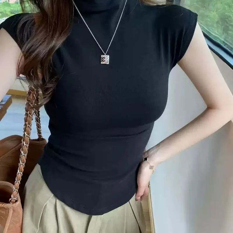 Ladies Fashion Slim Simplicity Elegant Solid Color Pullover Spring SummerNew Style Short Design Half High Neck ShortSleeved Tops