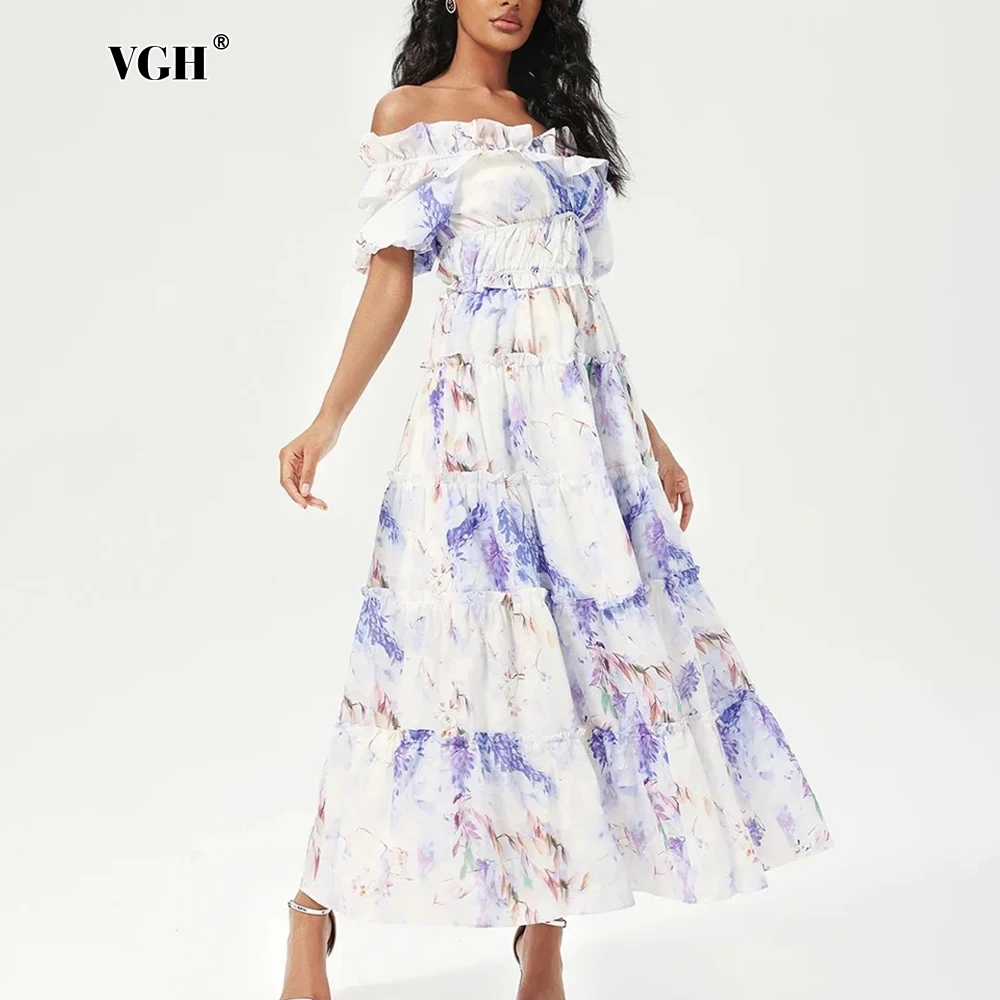 VGH Patchwork Fungus Edge Pleated Fairy Dress for Women Slash Neck Short Sleeve High Waist Floral Print Long Dresses Female New