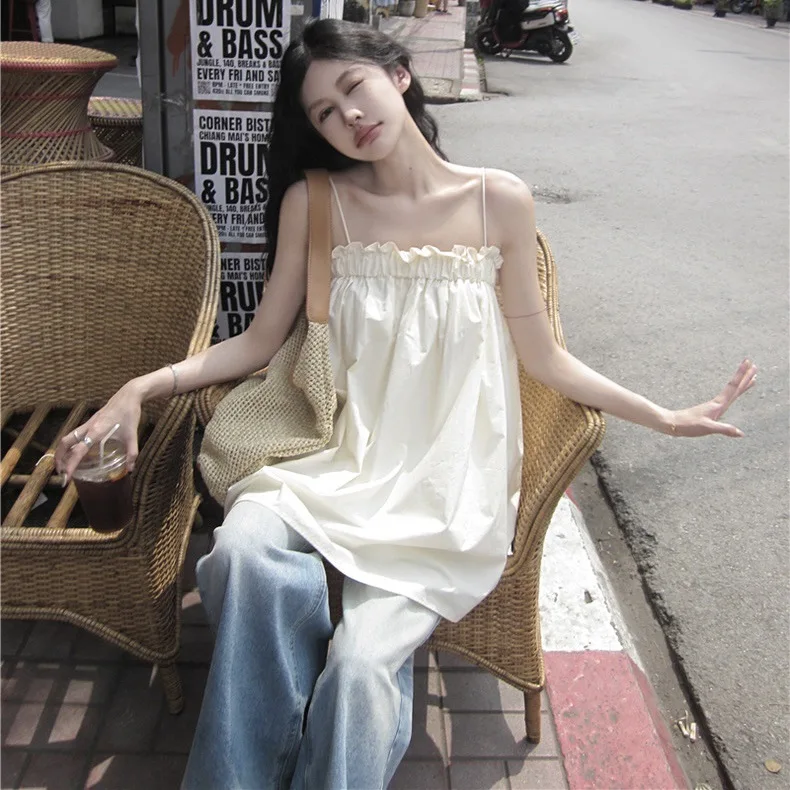 

One Shoulder Wooden Ear Camisole Vest For Women In Summer, Loose Strapless Design, Mid Length Top