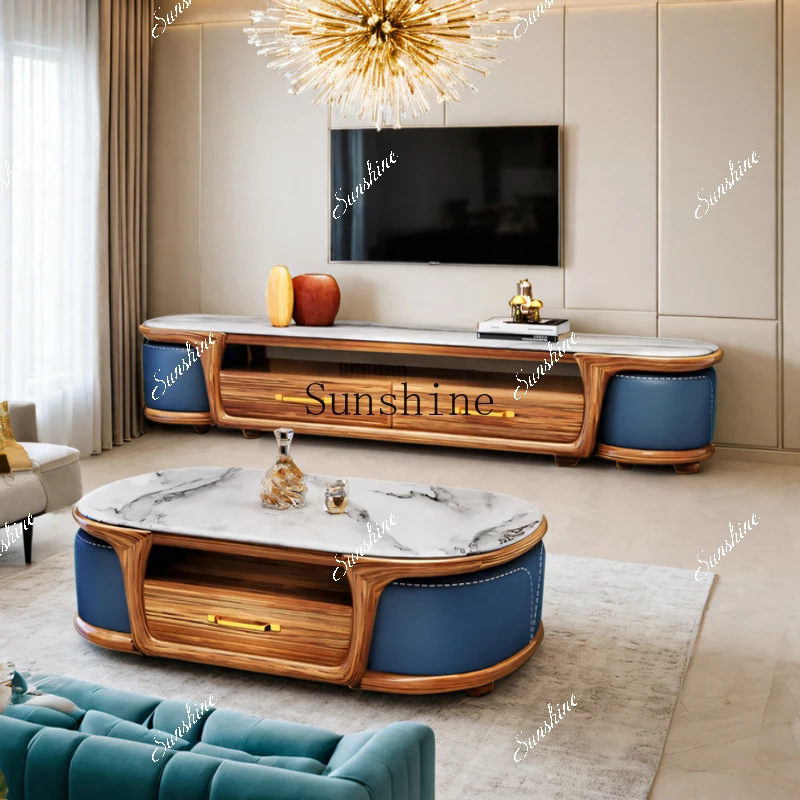 

Modern ebony living room solid wood tea table with stool marble FT