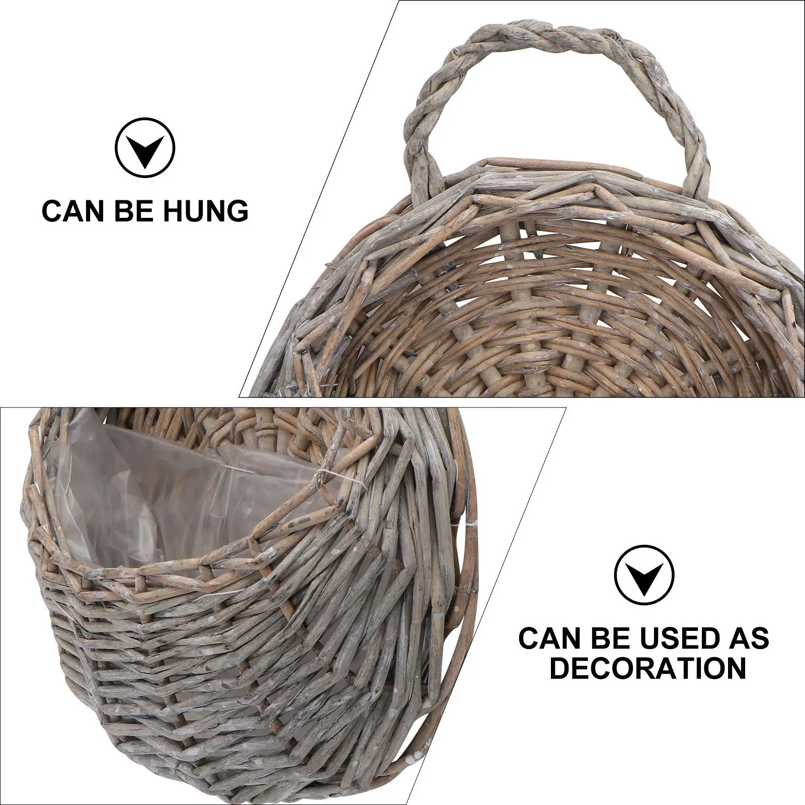 2Pcs Straw Willow Wicker Hanging Basket Grey Rattan Wall Hanging Flowerpot for Household Decor Artificial Plant Display