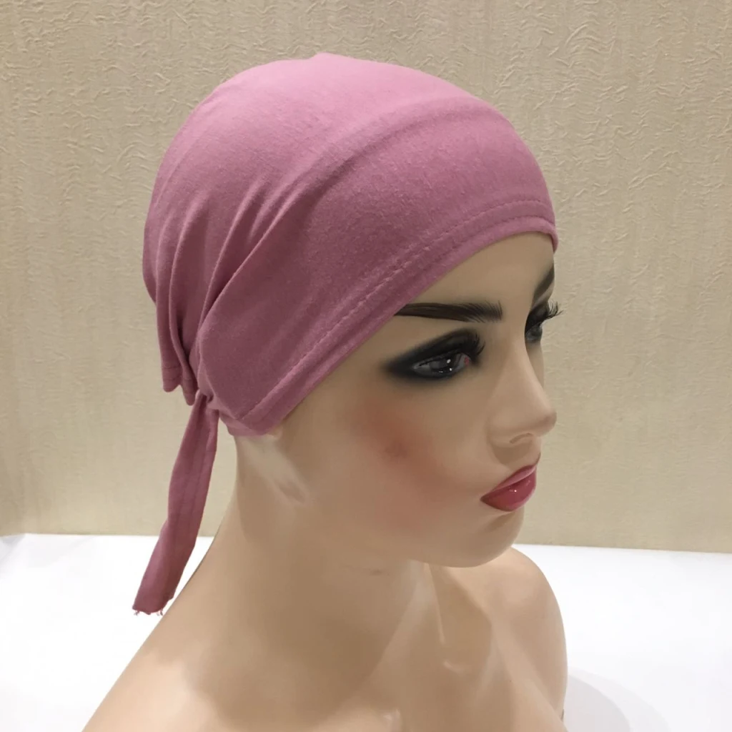 H048 Plain Cotton Tie Back Hats Muslim Turban Pure Color Stretch Inner Hijabs Underscarf Women Head Scarf Under Hijab Bonnet