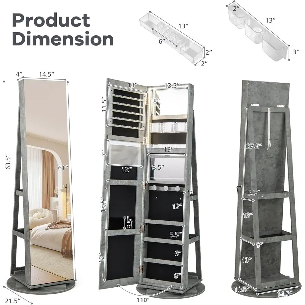 Stone Gray Lockable Jewelry Armoire with Full Length Mirror, Swivel Design, Interior Vanity Mirror, 3-Color Lights, and Rear Sto