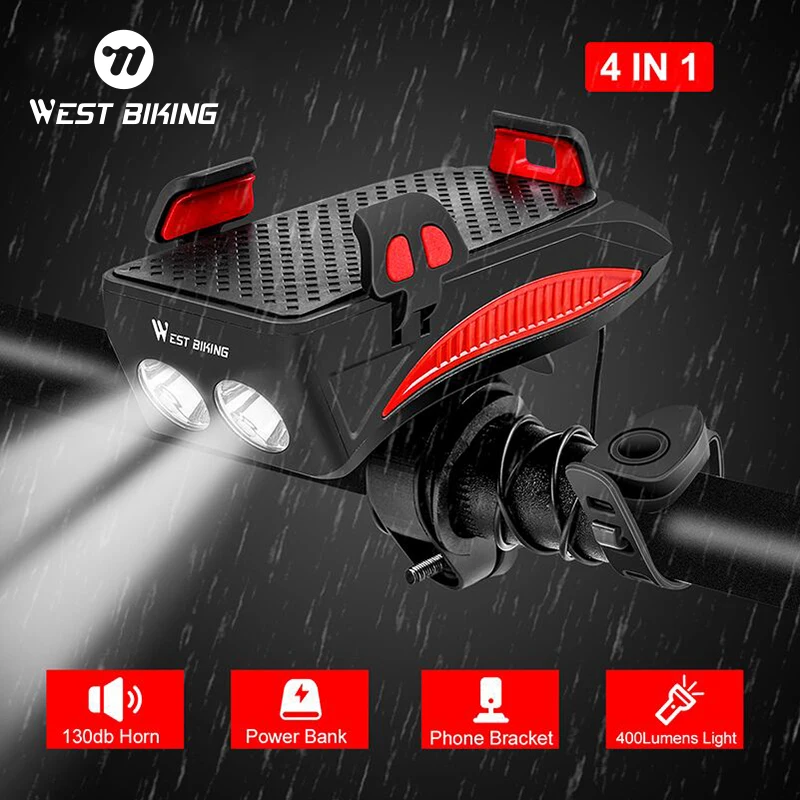 WEST BIKING Mutlifunction Bike Headlight 4-6.5 Inches Cycling Phone Holder USB Rechargeable Power Bank 400 Lumens Bicycle Light