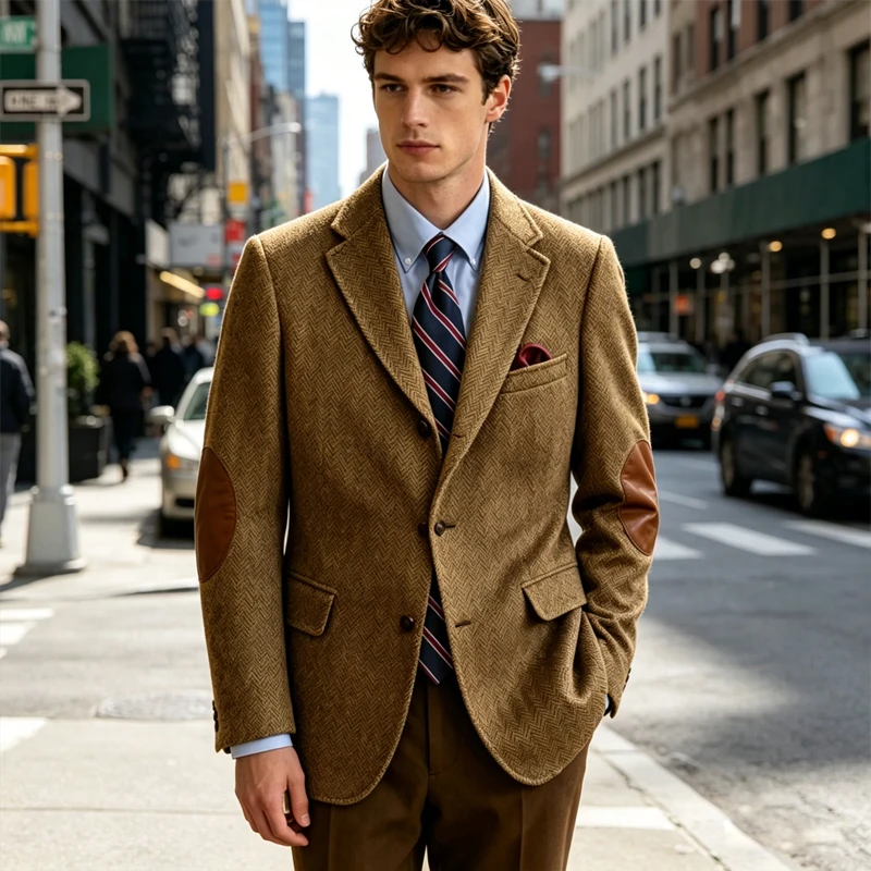 Herren Vintage Fischgrät-Tweed-Blazer mit Ellbogenpatches, 2-Knopf Einreiher, Baumwolle, Lässiger Slim Fit Business-Jacke XS-7XL