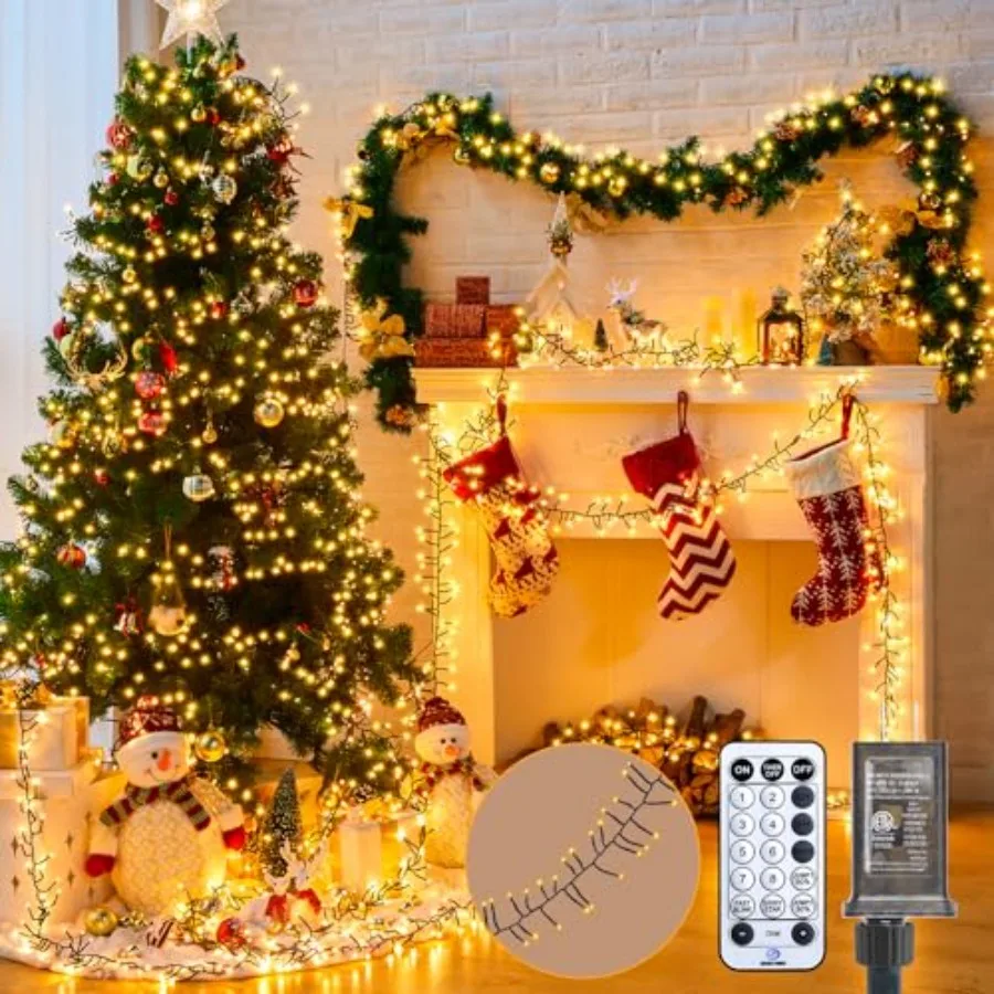 Outdoor Christmas tree cluster lights: 2000 LED, 100 ft firecracker string, waterproof, 12 modes with timer and remote, plug-in