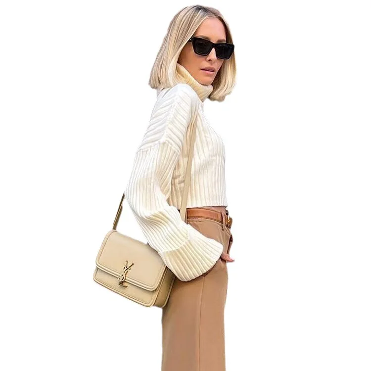 High Neck Sweater Autumn Wear New Women's Solid Stripe Short Flare Sleeve Knitted Coat