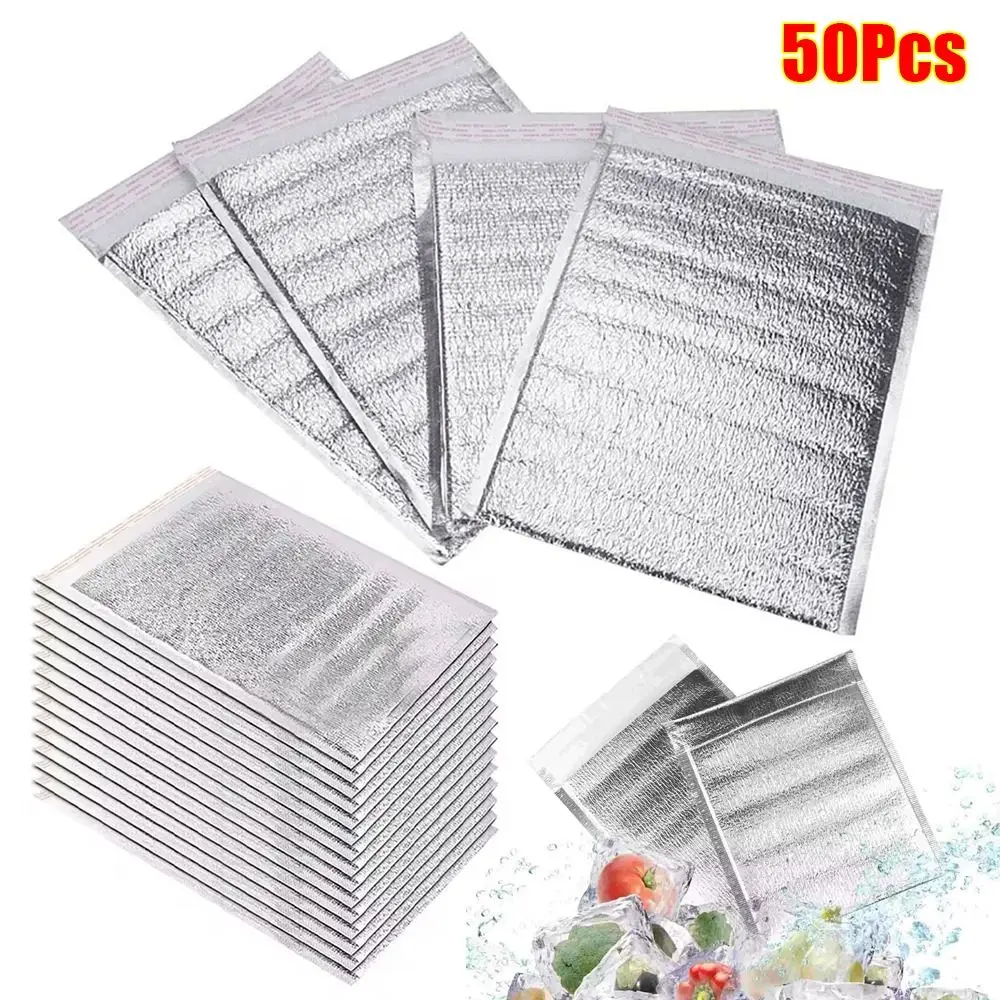 50Pcs/Pack Ice Cold Warm Aluminum Foil Bag Delivery Carrier Drink Storage Insulation Bag with Closure Food Thermal Cooler Bag