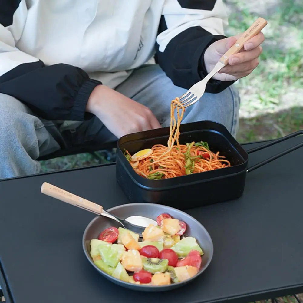 ملعقة شوكة من الفولاذ المقاوم للصدأ بمقبض طويل، مجموعة أدوات مائدة محمولة قابلة للطي من الفولاذ المقاوم للصدأ مع خشبية للمشي لمسافات طويلة في الهواء الطلق #3