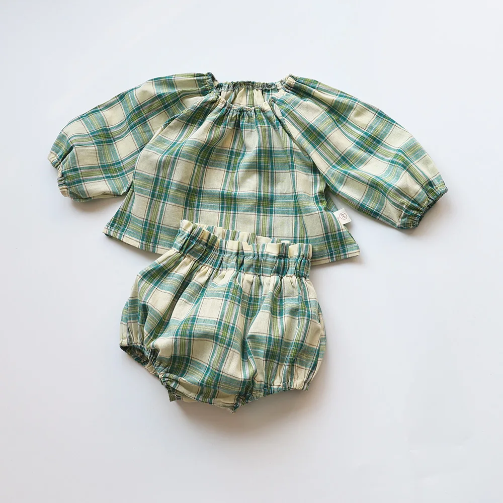 Summer Baby Clothes Set Vintage Style Plaid Infant Girls Blouse and Bloomer 2 Pcs Toddler Long Sleeve Tees Shorts Suit