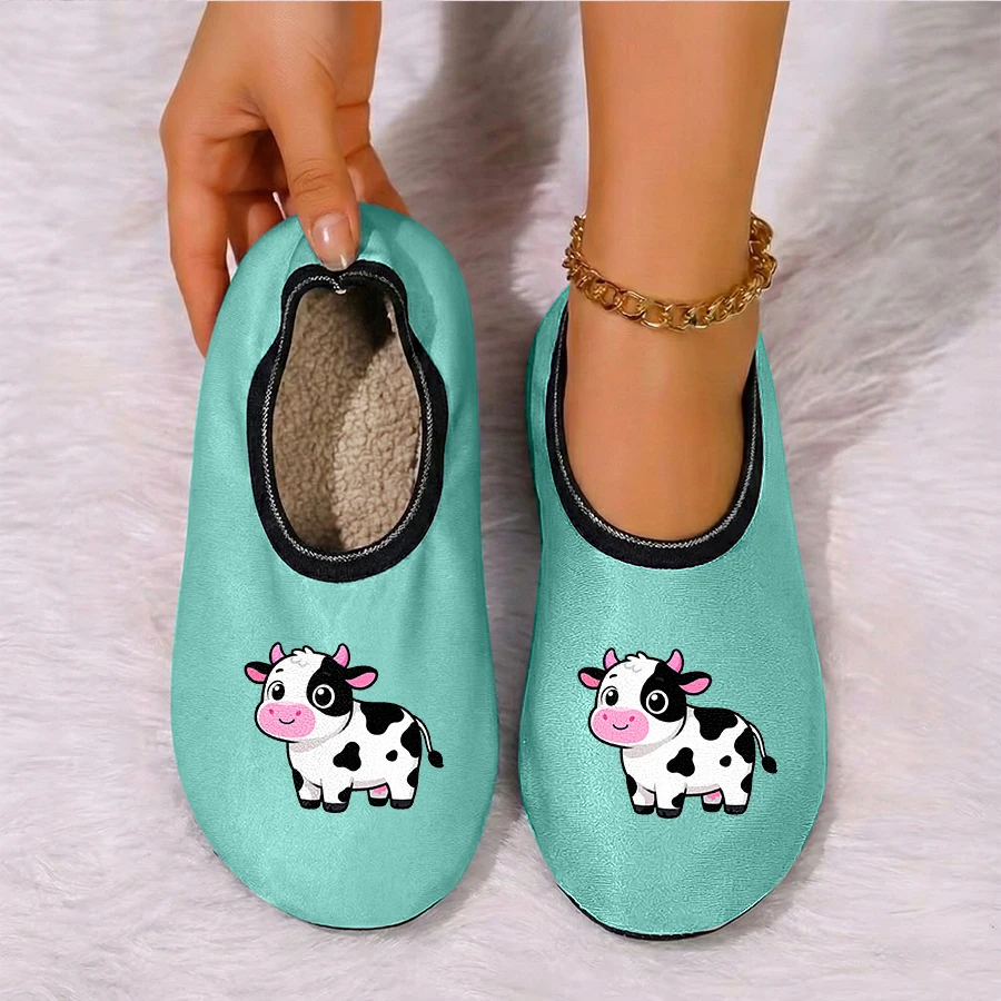 

Четырехсезонные женские замшевые дышащие высокоэластичные домашние тапочки с милым животным принтом коровы