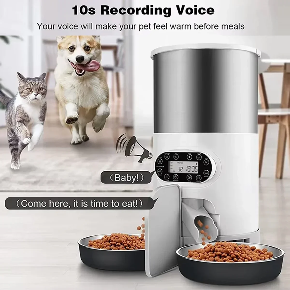 3/4.5L Smart Remote Cat Automatic Feeder W/ Recording Timing Puppy Stainless Steel Dual Bowls Dry Food Dispenser Cat Accessories