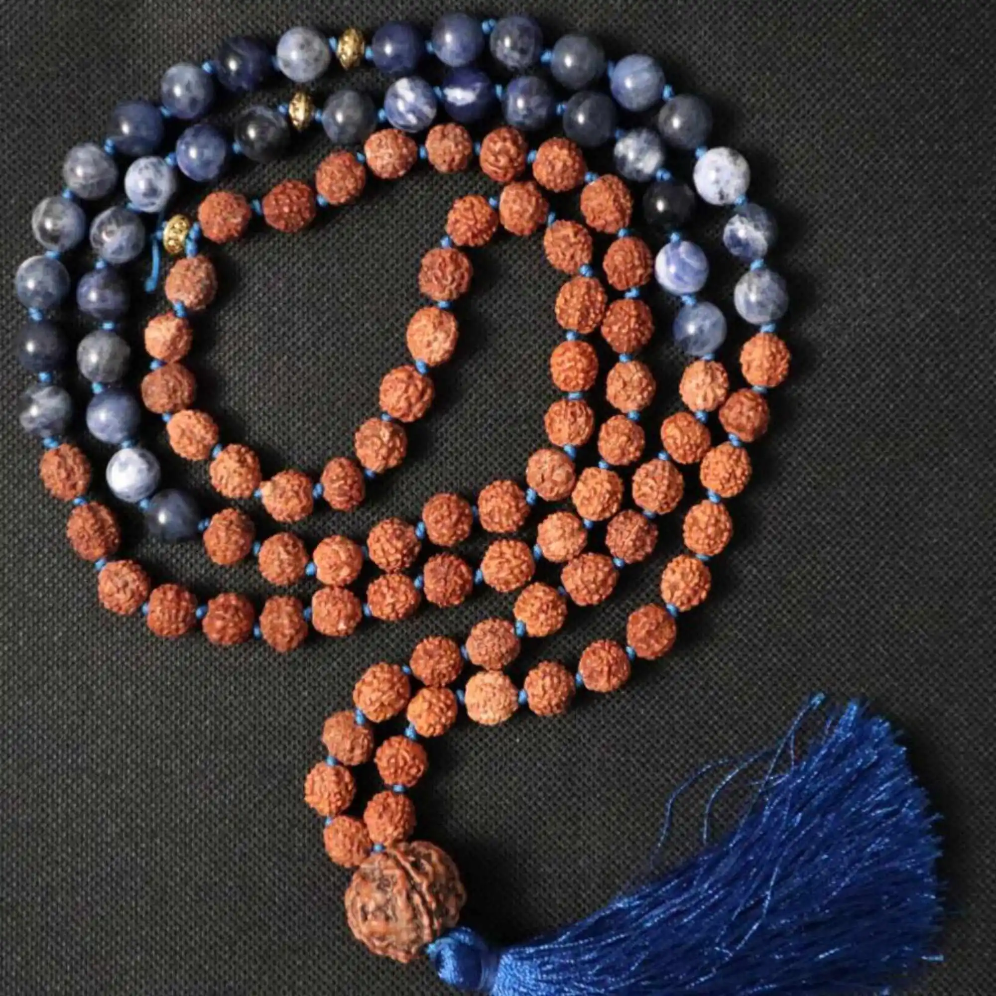 

8mm brown Rudraksha blue Sodalite Mala yoga beads 108 knot Necklace Mental Yoga Mala Calming Handmade Wrist Meditation Prayer