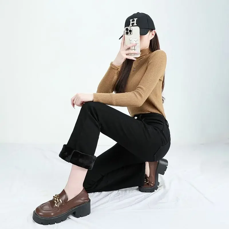 

Y2k Pants Jeans For Woman Low Rise Bootcut Flared Stretch Warm Warm Fleece Lined Autumn Winter Petite Fashion Hot Trend 2025