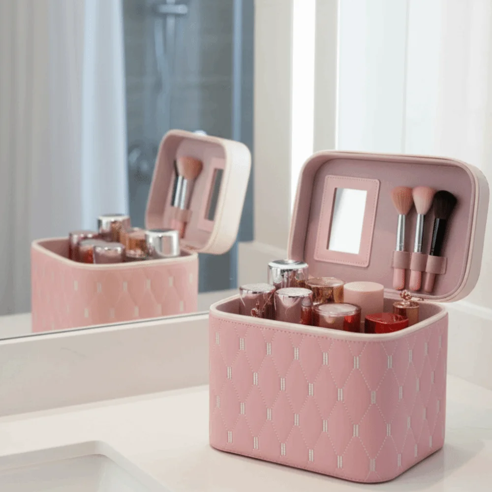 Multi-functional PU Leather Cosmetic Bag Large Capacity Waterproof Cosmetic Storage Box Anti-crush with Mirror Makeup Bag Women