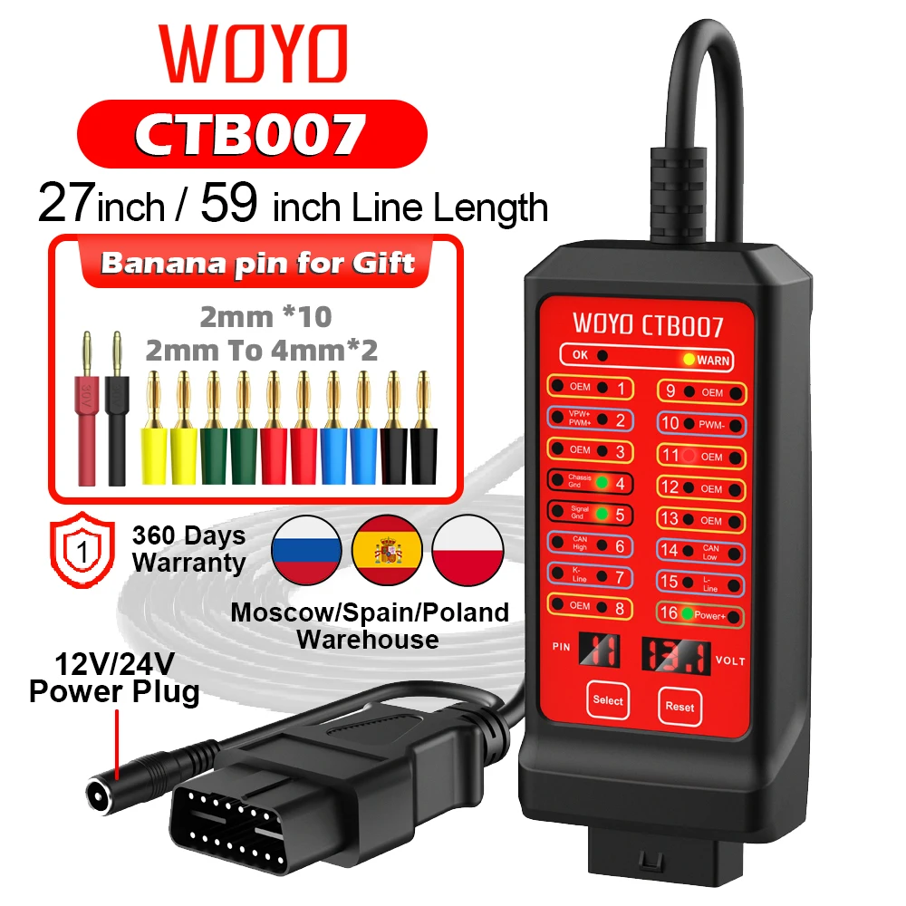 

WOYO 12V 24V Car OBD Breakout Box 16 Pin OBD2 Diagnostic tool with 27.5/59inch OBD extension cable, Automotive CAN Tester Box