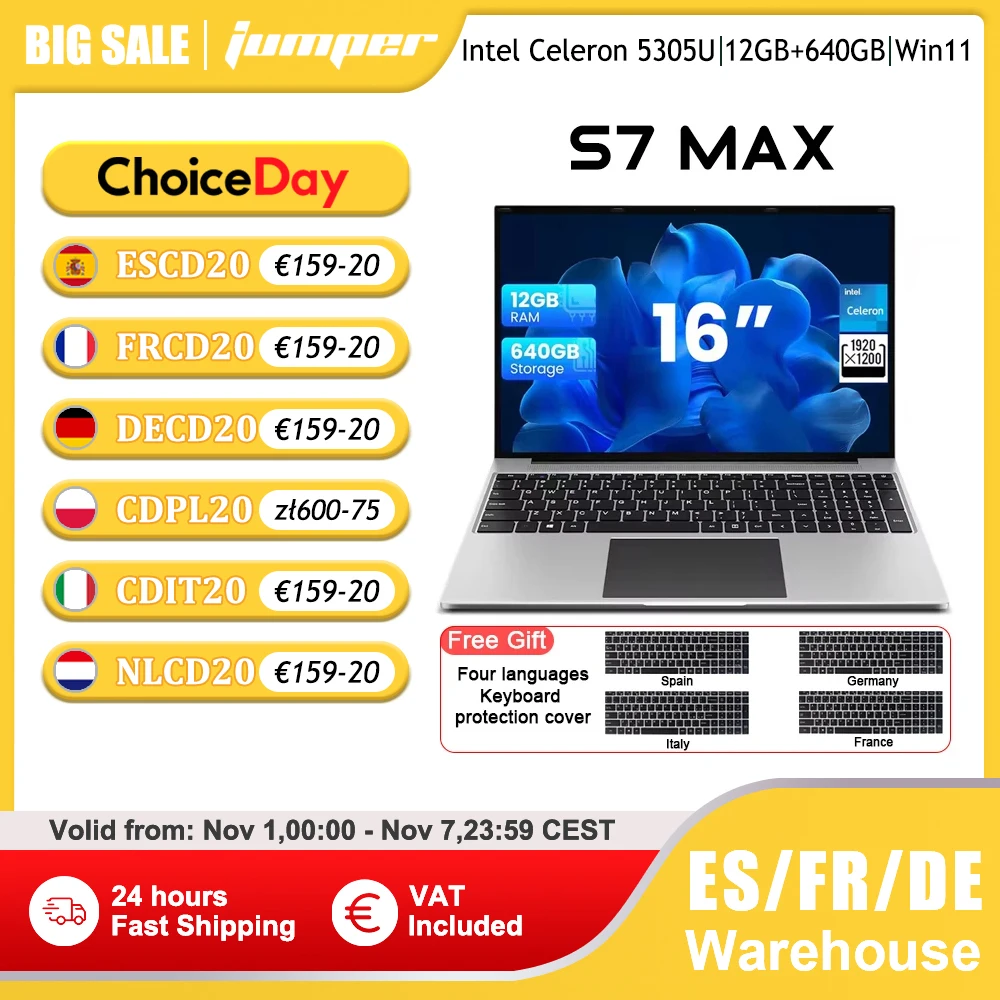 Jumper S7max Laptop 16 Zoll Intel Celeron 5305u 12GB RAM 128GB emmc 512GB SSD Windows 11 Notebook leichte Business-Computer