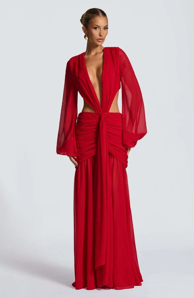 Neue Herbst Plissee Lose Backless frauen Kleid Sexy Unregelmäßige Solide Tiefem V-ausschnitt Langes Kleid Elegante Langarm Hohl Prom Kleid