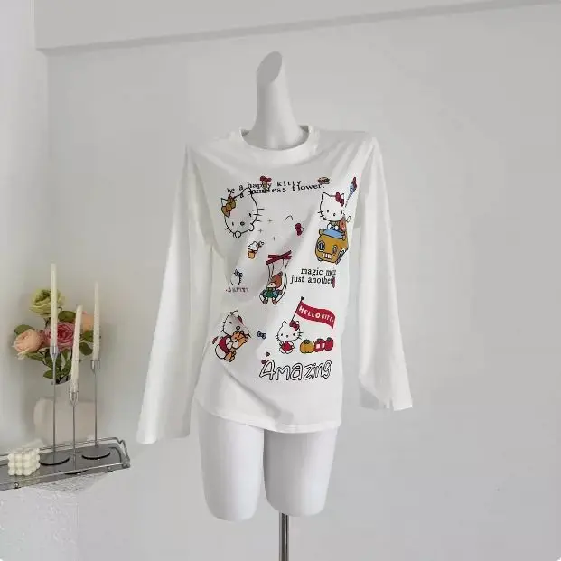 Streetwear Loose Cute Hello Kitty Graphic T Shirts Woman Clothes Long Sleeve Korean Fashion 2000s Clothes Y2k Tees Female Chic