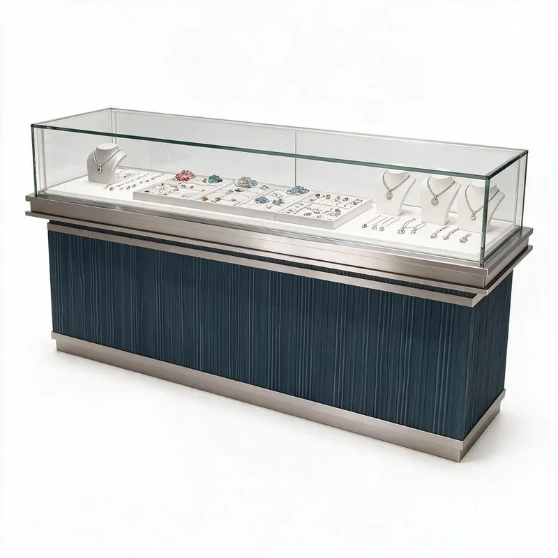 custom.Jewelry Boutique Shopfitting Display Solution Stainless Steel Counter Tower Wall Showcase Blue Velvet LED Tempered