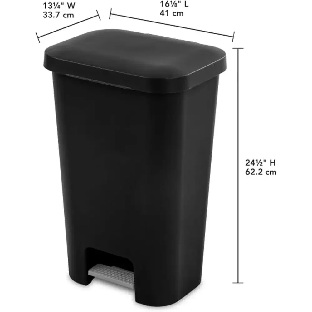 11.9 Gallon Step-On Plastic Wastebasket with Wide Lid and Comfortable Handle, 8-Pack, Black for Kitchen and Home