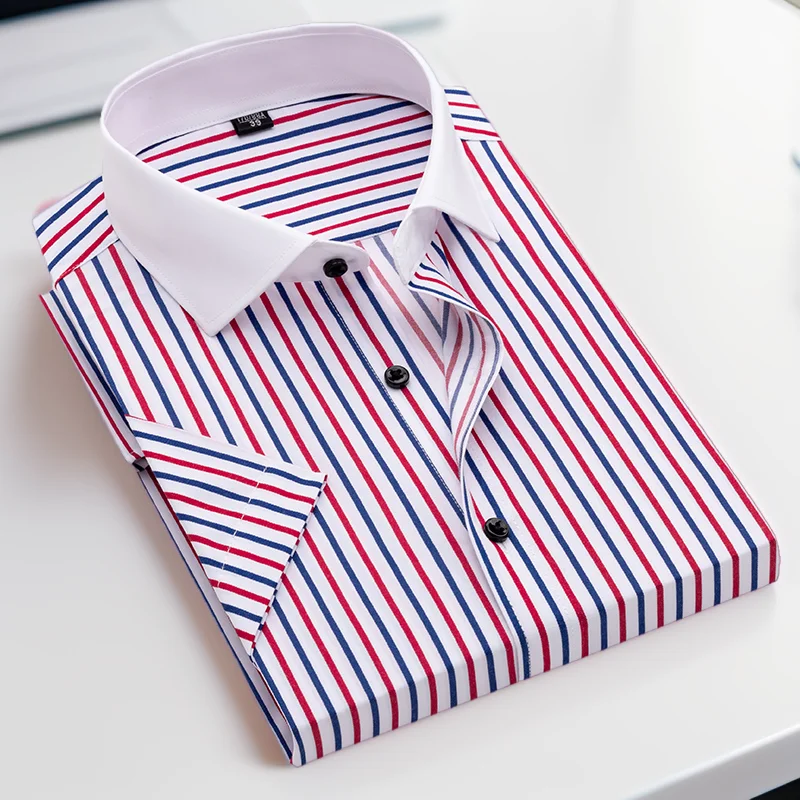 

Spring and summer men's striped short-sleeved shirt Windsor collar fashionable slim exotic collar exquisite half-sleeved white c