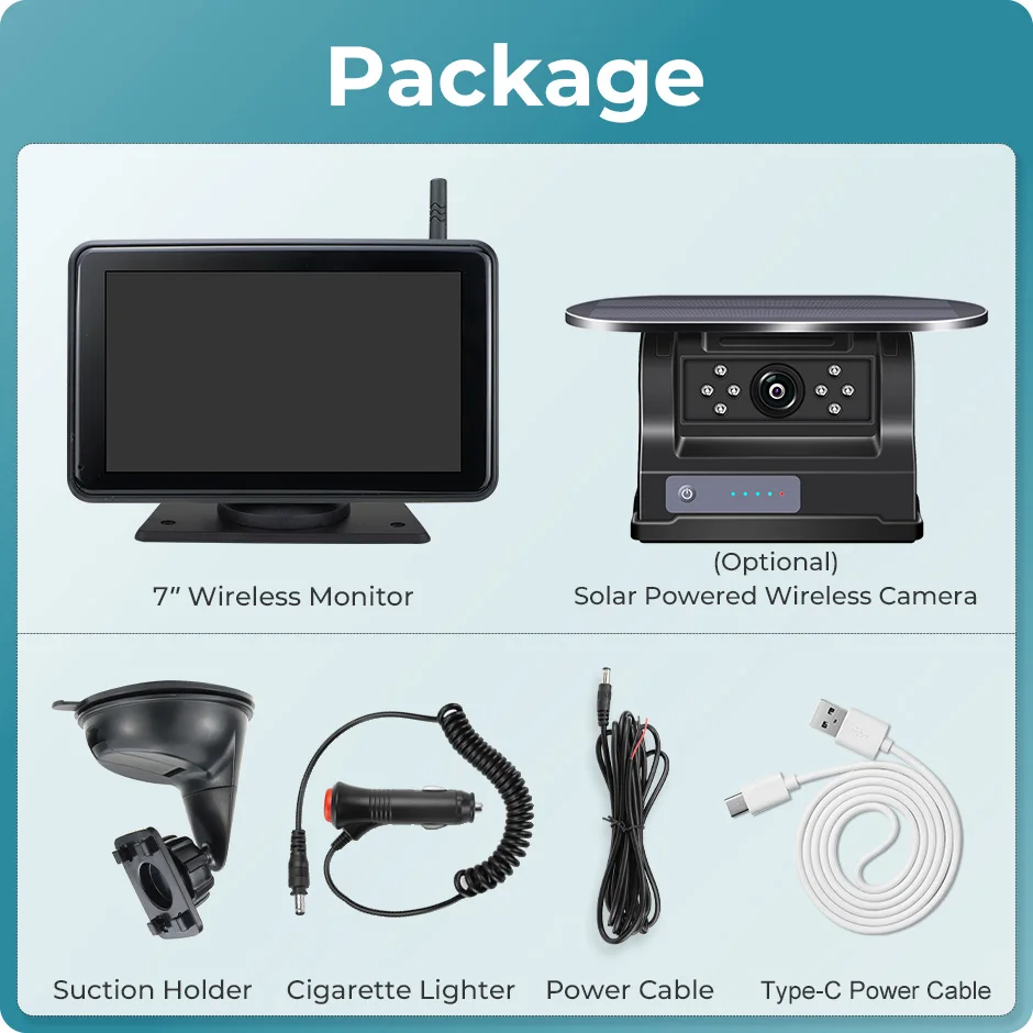 Magnetic Solar Charging Wireless DVR Camera with 1080P 7'' Touch Monitor  BSD Blind Spot Alarm, for Truck/RV/Trailer/Forklift