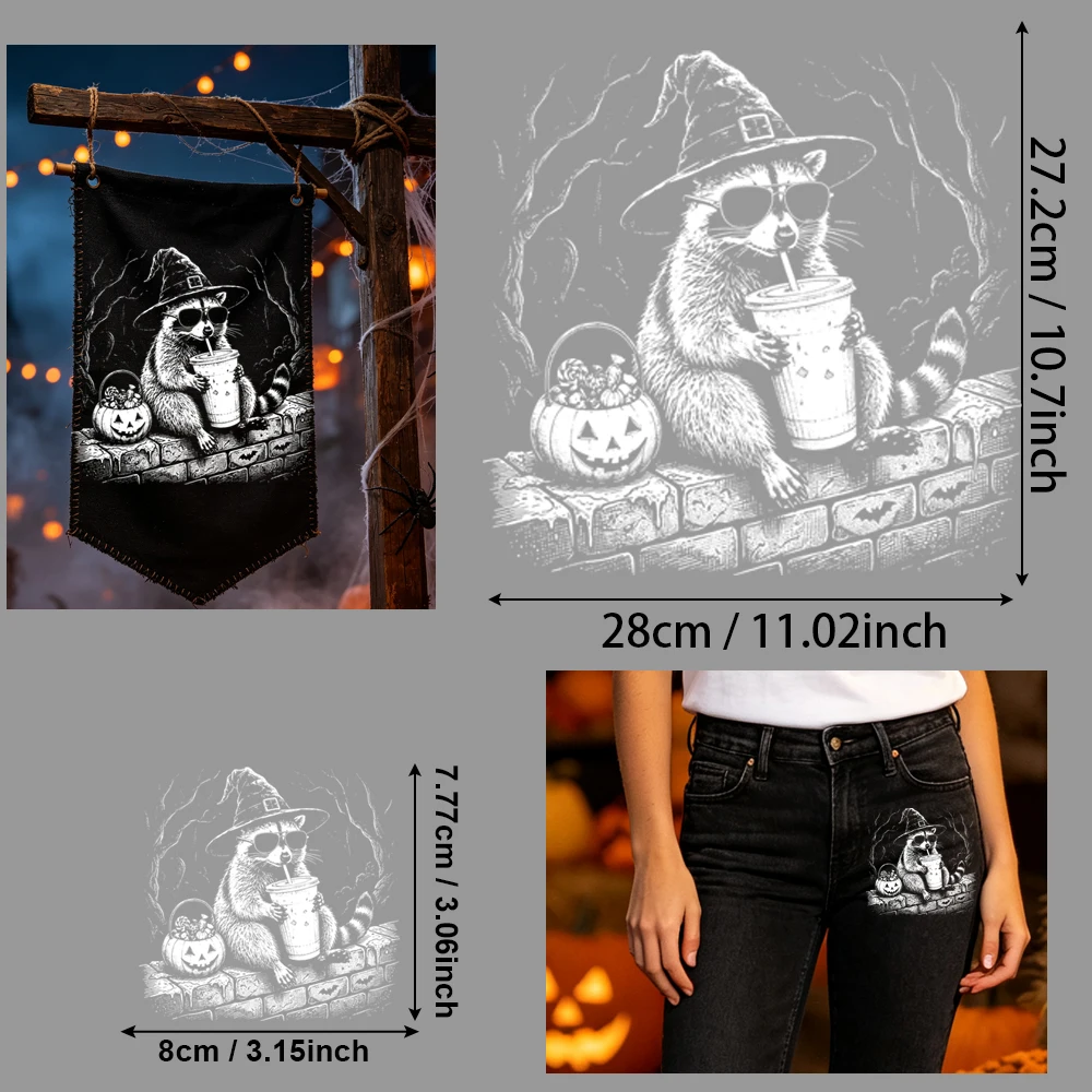 2Pcs Halloween Raccoon Jack-o'-lantern HTV Iron On, 1 Large 1 Small 2D Flat, for T-shirt Hat Tote DIY