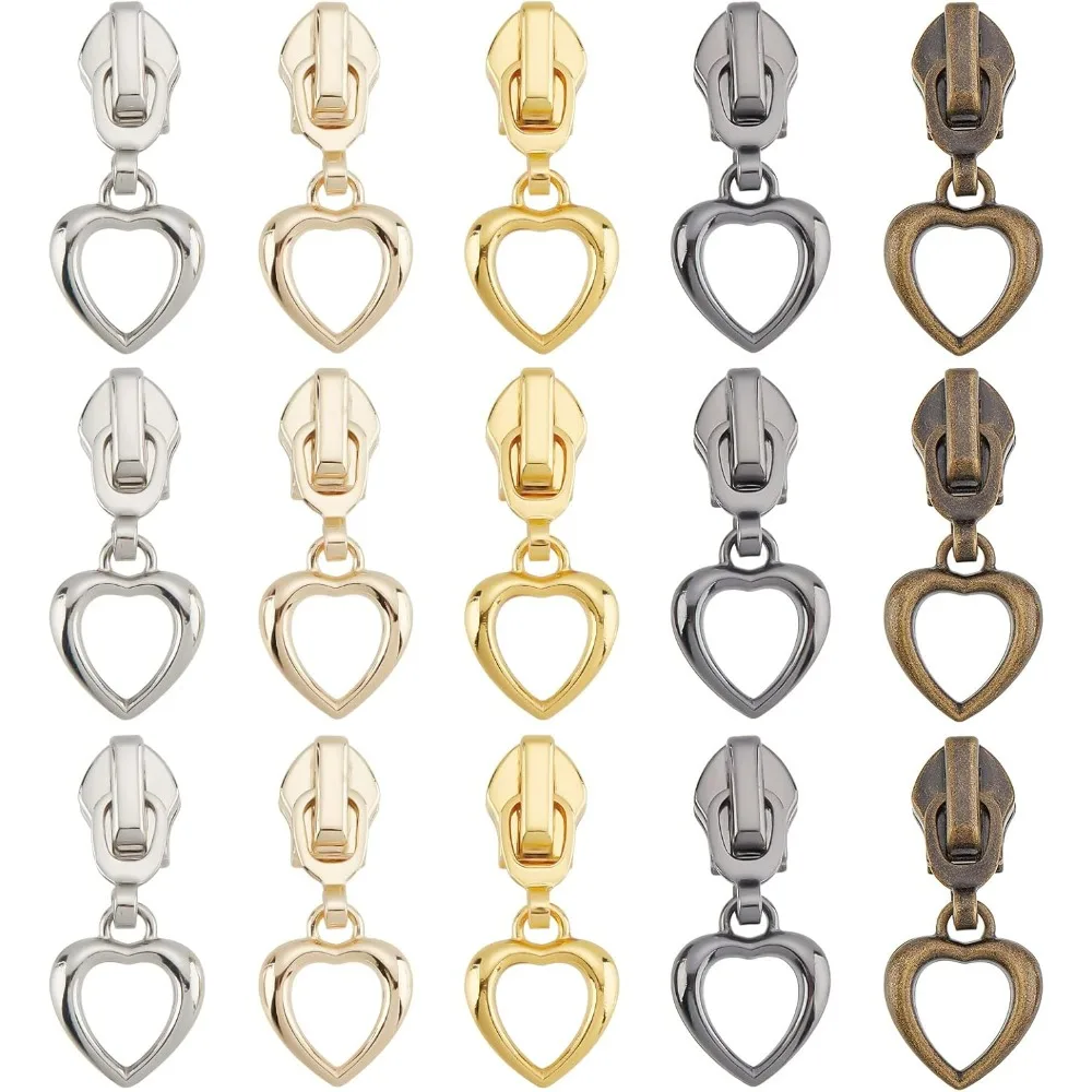 20 Pcs Alloy Zipper Slider #5 Heart Shape Head Mixed Color Pulls Bulk Replacement Slider for Repair