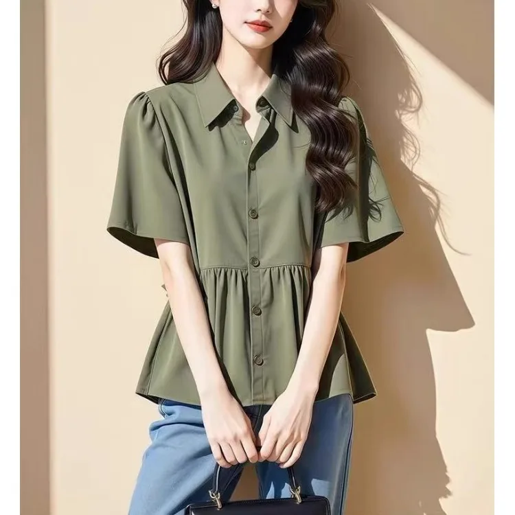 Militaryenn Bubble Sve irt المرأة Sle سليم صالح الصيف وصول جديد ارتفاع الخصر التخسيس الياقة العليا ort Sve #1