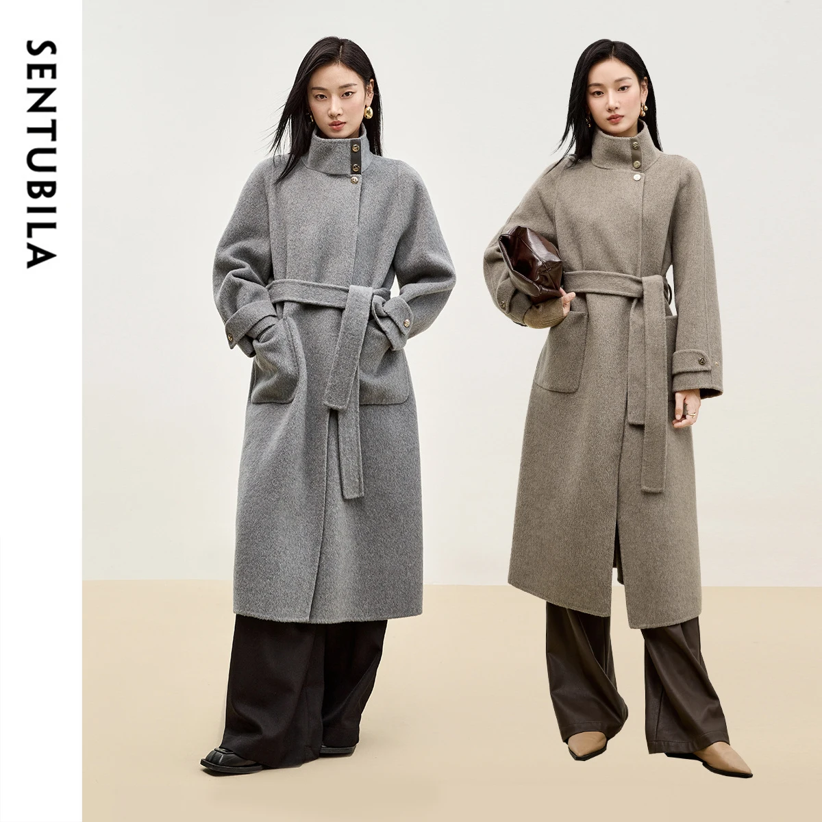 

SENTUBILA женское длинное пальто из смеси шерсти, зимняя теплая верхняя одежда, 2025 г., свободное пальто с воротником-стойкой, двустороннее пальто с поясом W44O56661