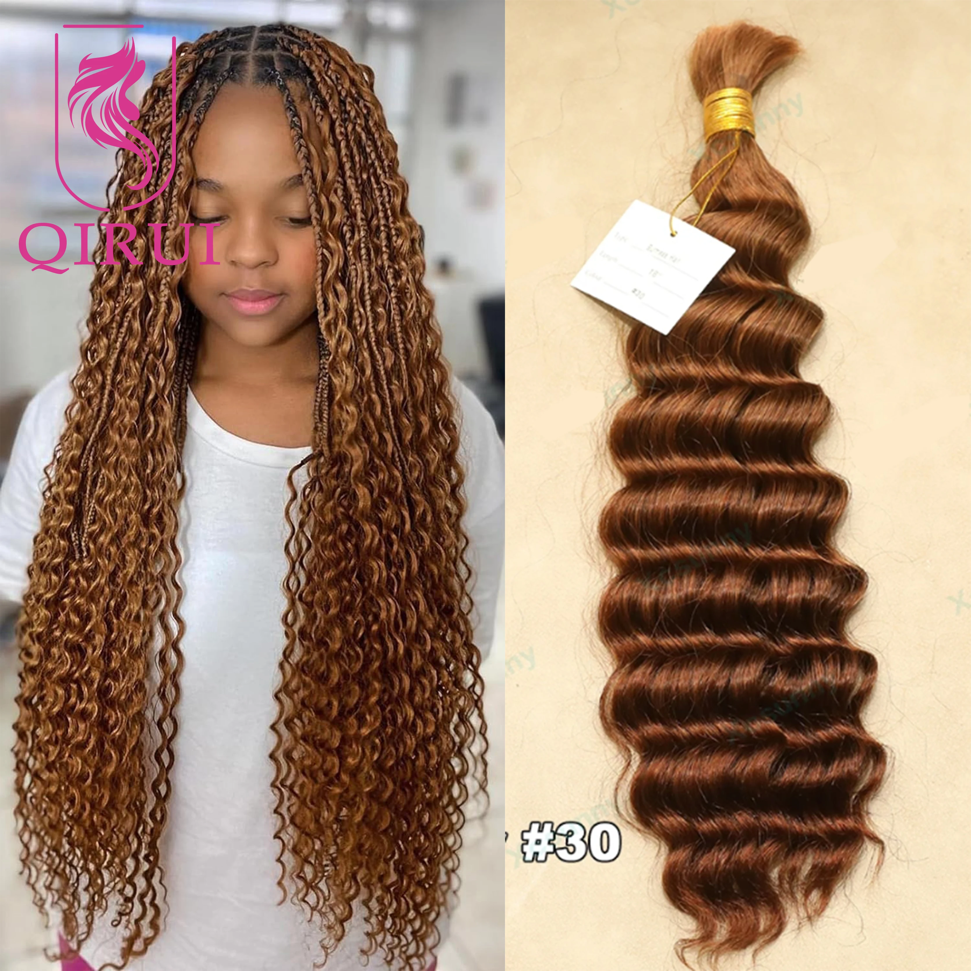 Bulk Human Hair For Braiding Highlight #4/30 Deep Wave Double Drawn Boho Knotless Braids Hair Bundles No Weft Wholesale