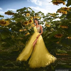 Yellow Tulle Skirts Puffy A Line High Split Long Tulle Party Skirts High Waist Lush Mesh Maxi Skirt for Women