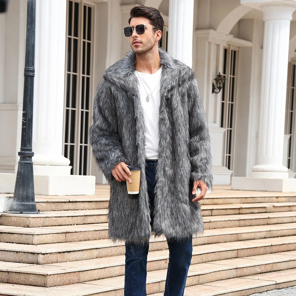 Luxury Brand Thick Warm Winter Men Big Lapel Faux Fur Coat Loose Mid-length Trench Coat Casual Fur Jacket Overcoat Mens Clothing