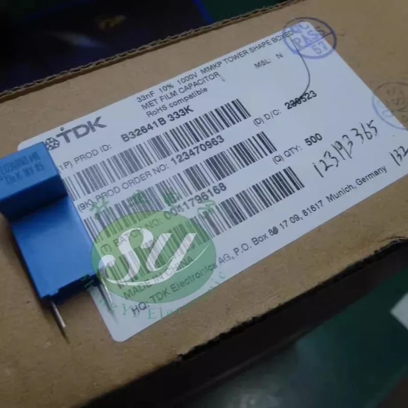 Epcos-薄いフィルムコンデンサ,0.033uf, 1000v, 33nf, 333mm, 10mm,b32641b333k,新品,10個
