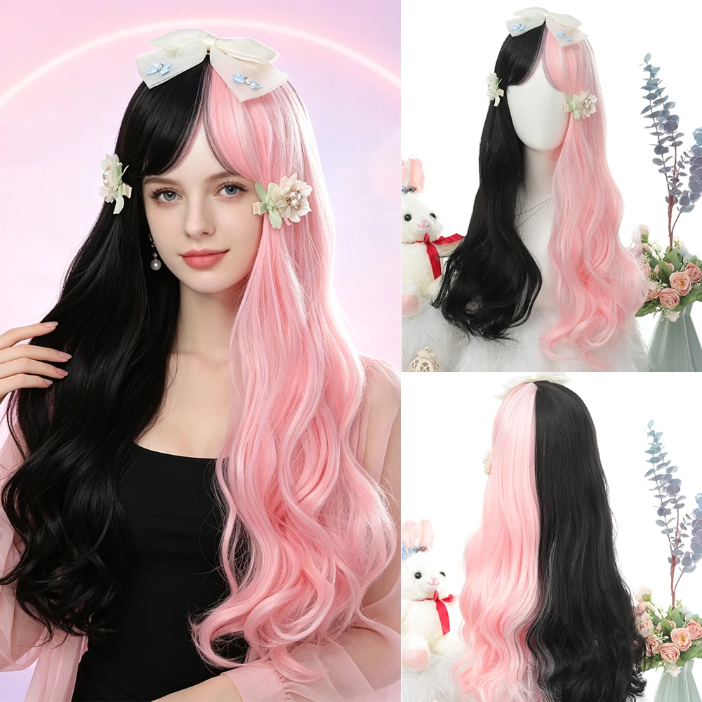Synthetic 24 Inch Women Black Pink Color Block Long Curly Hair Bangs Wig Halloween Cosplay Heat Resistant Fiber