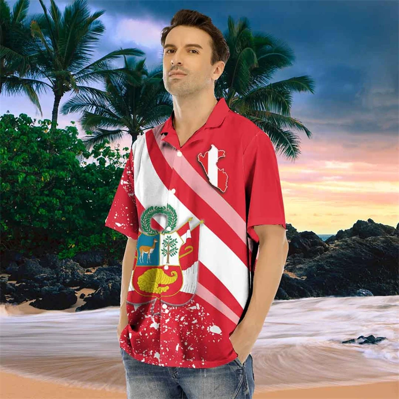 Peru Flag Map Graphic Shirts For Men Clothes Casual Hawaii Short Sleeve Shirt Peruvian National Emblem Lapel Blouse Male Tops