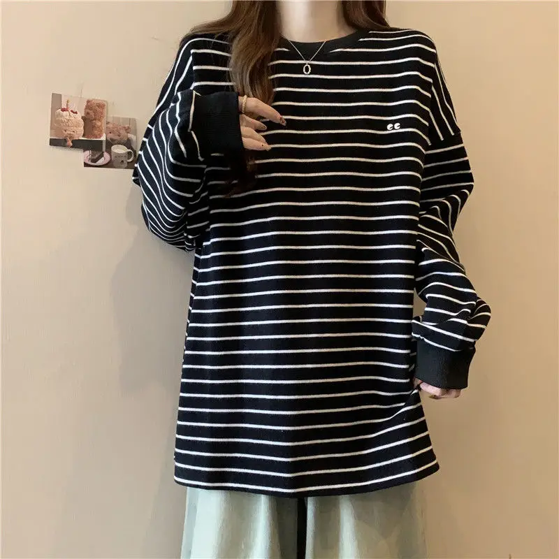 

Autumn Winter Sweatshirts for Women Mid-length Striped Long-sleeved T-shirts Bottoming Shirts Loose Tops