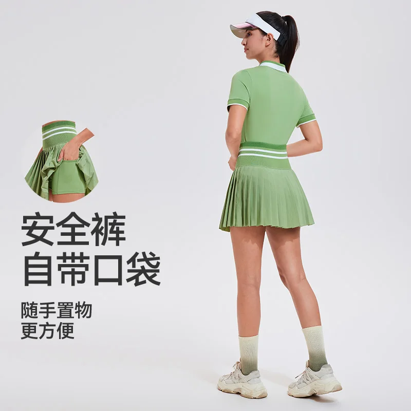 2026 Women Summer School Girl Outfit Knit Washed Striped Short Sleeve Polo and Pleated Tennis Skirt Matching 2 Two Piece Set