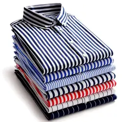Men's Korean Slim Fit Plaid Shirt for Casual Business Dress in Spring and Summer Thin Long Sleeve Fashion Striped Shirt for Man