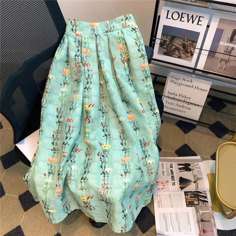 

2025 New Spring High Waist Pleated Midi Skirt Women Fashion Vintage Flower Printed A-line Skirts Female Literary Green Skirts
