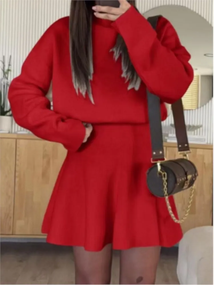 خريف شتاء جديد محبوك نصف الياقة السلحفاة بأكمام طويلة بلوزات + تنورة 2 قطعة مجموعة عطلة غير رسمية المرأة بدلة تنورة سوينغ كبيرة #3