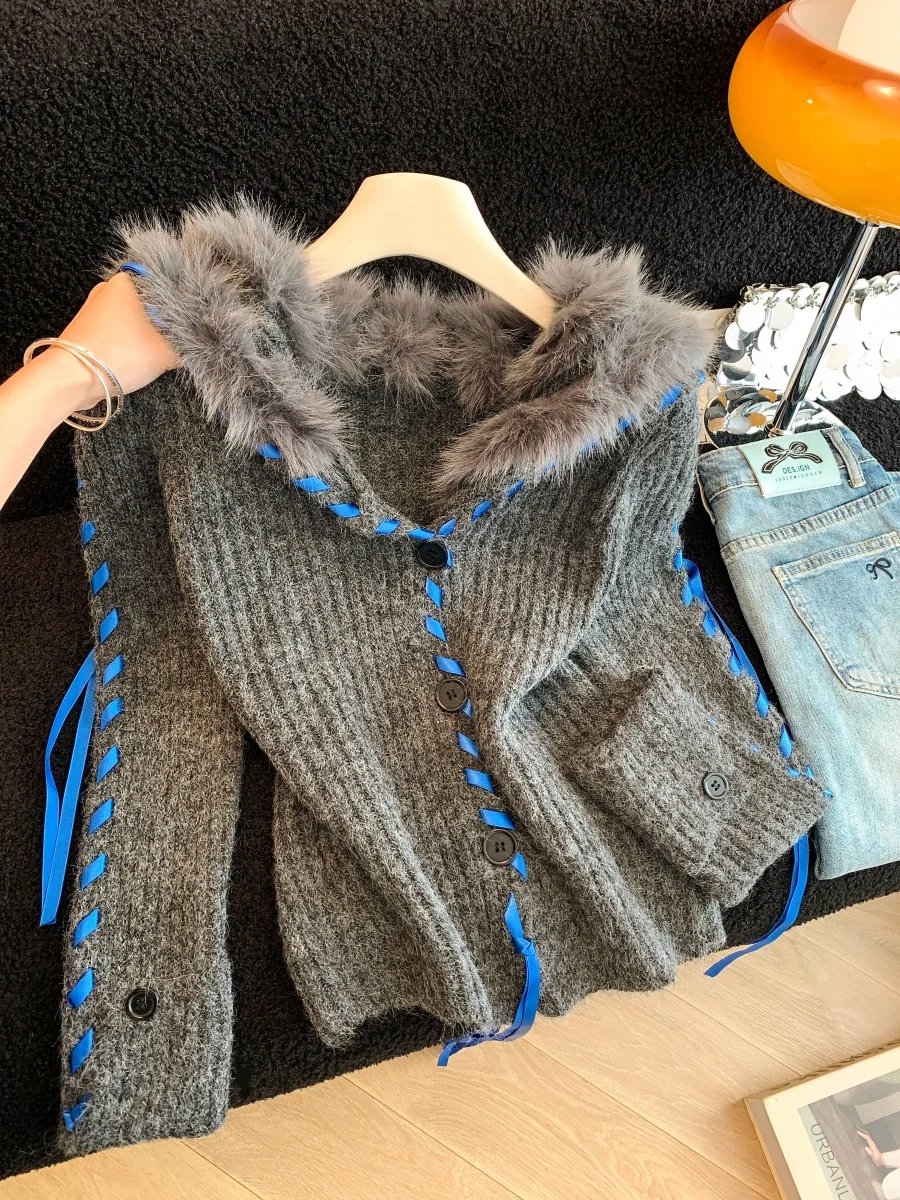 

Naval Sle Lazy Faion Women's Sweater Coat with Color Colion Knitted Band And Fur Collar Thi Winter Outerwear