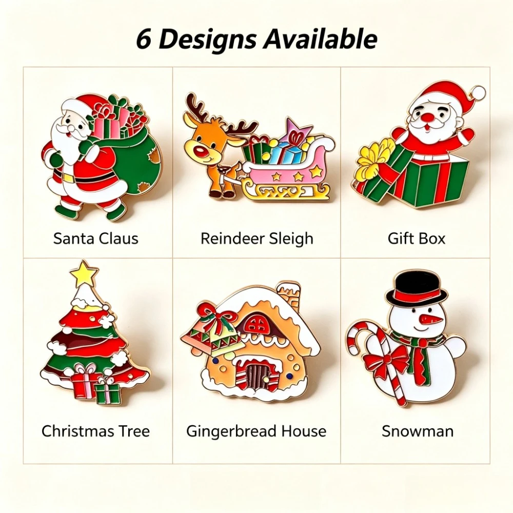 6 Styles Christmas Lapel Pins, Cute Enamel Brooch Santa Claus Sleigh Snowman Christmas Tree Badge for Holiday Decoration Gift La