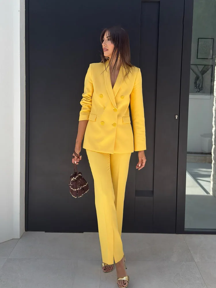 HH Conjunto amarillo para mujer, chaquetas cruzadas de manga larga con cuello vuelto + pantalones acampanados con cremallera en la cintura media, traje de primavera para mujer