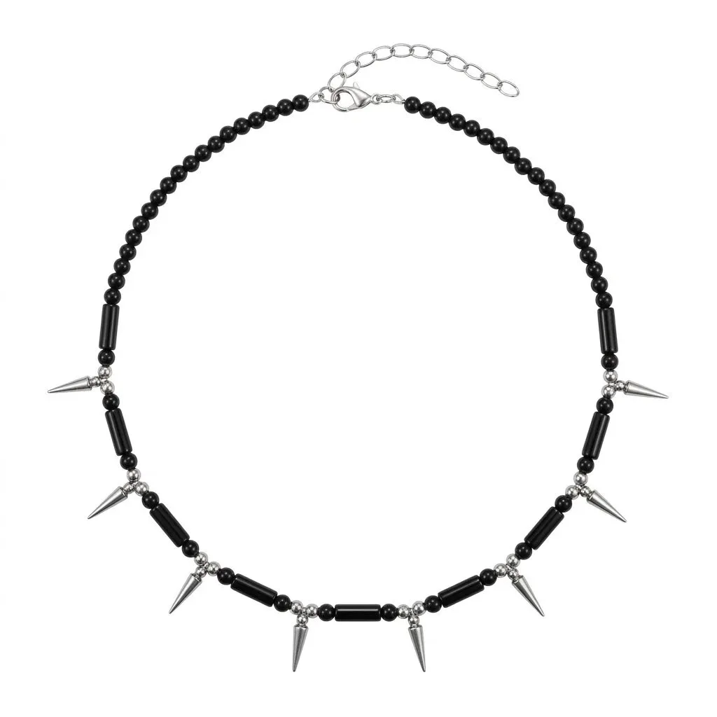 Gothic Punk Kegelspitzen-Choker-Halskette mit schwarzen Achat-Röhrenperlen und Nieten – Halsband für Herren und Damen, Grunge Alternative Streetwear Schmuck – Detail 4