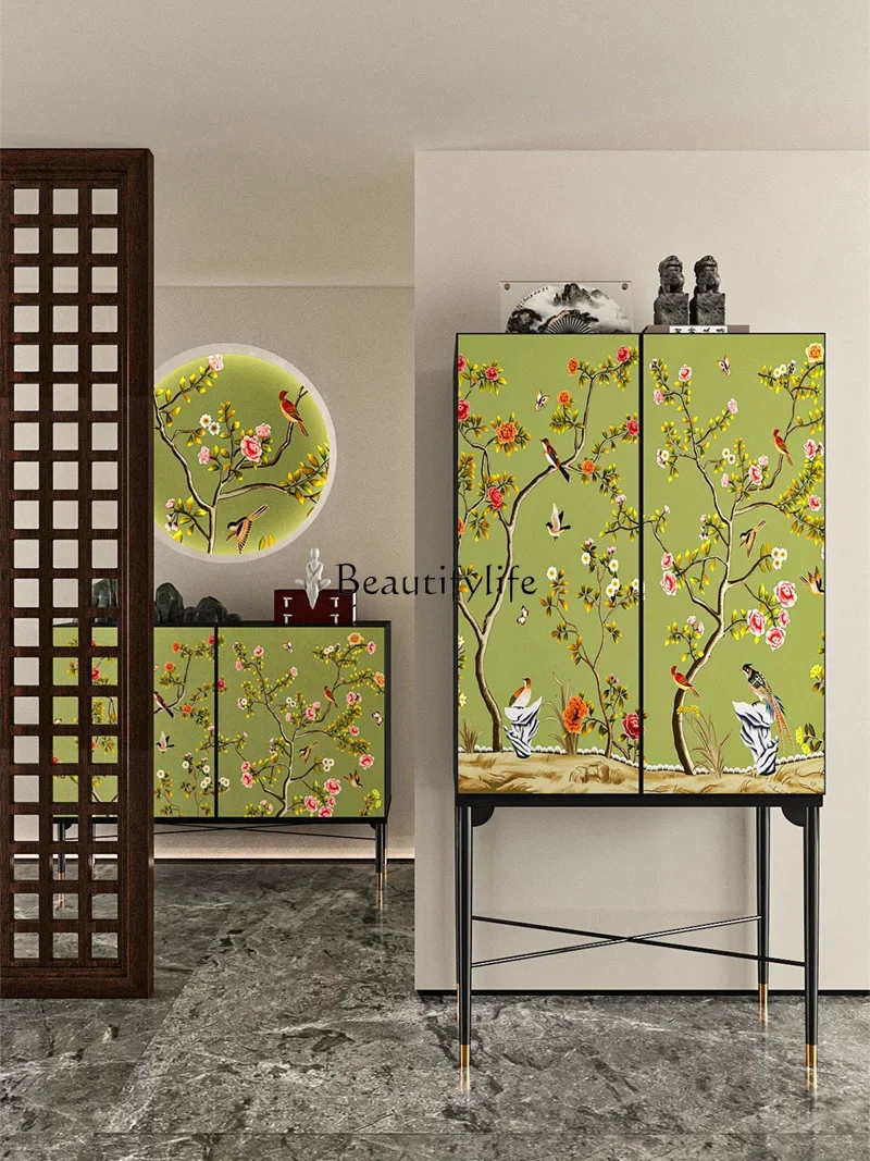 New Chinese-style entrance cabinet, retro high-footed wine cabinet, household flower and bird painted solid wood storage