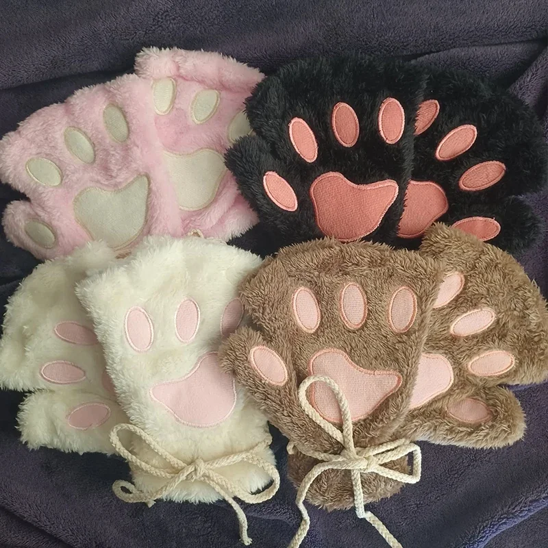 Schattige Pluizige Kattenpoot Klauw Vingerloze Handschoenen Pluche Vingerloze Panda Wanten Warme Zachte Halve Vinger Vrouwen Winter Dragen Kerstcadeau