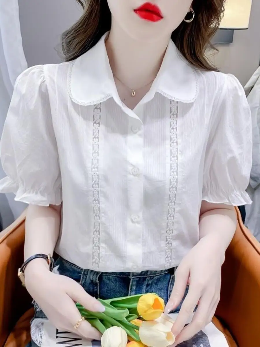 camisa-feminina-de-manga-curta-com-gola-de-renda-nova-colecao-de-verao-versatil-simples-com-protecao-solar-ampla-e-mascar